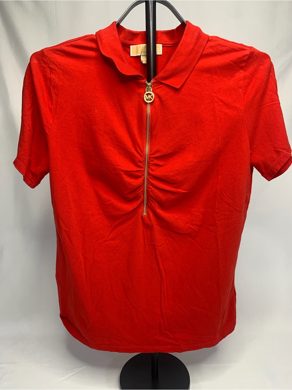 Michael Kors Red Short-Sleeve Polo Zip Front Top